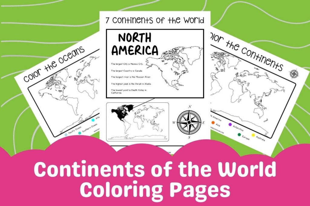 Sample of 3 of the pages of the rainy day homeschooling continents of the world FREE printable coloring pages.