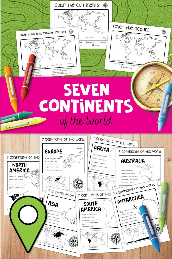 Sample pages from a Continents of the World Coloring Worksheet Pack for Kids including individual Continent Fact Files Text on the image reads Seven Continents of the World.