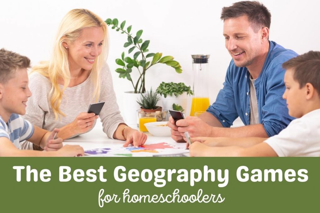 Image of parents and kids playing a geography board game together learning about the continents and countries of the world. Text overlay reads The Best Geography Games for homeschoolers.