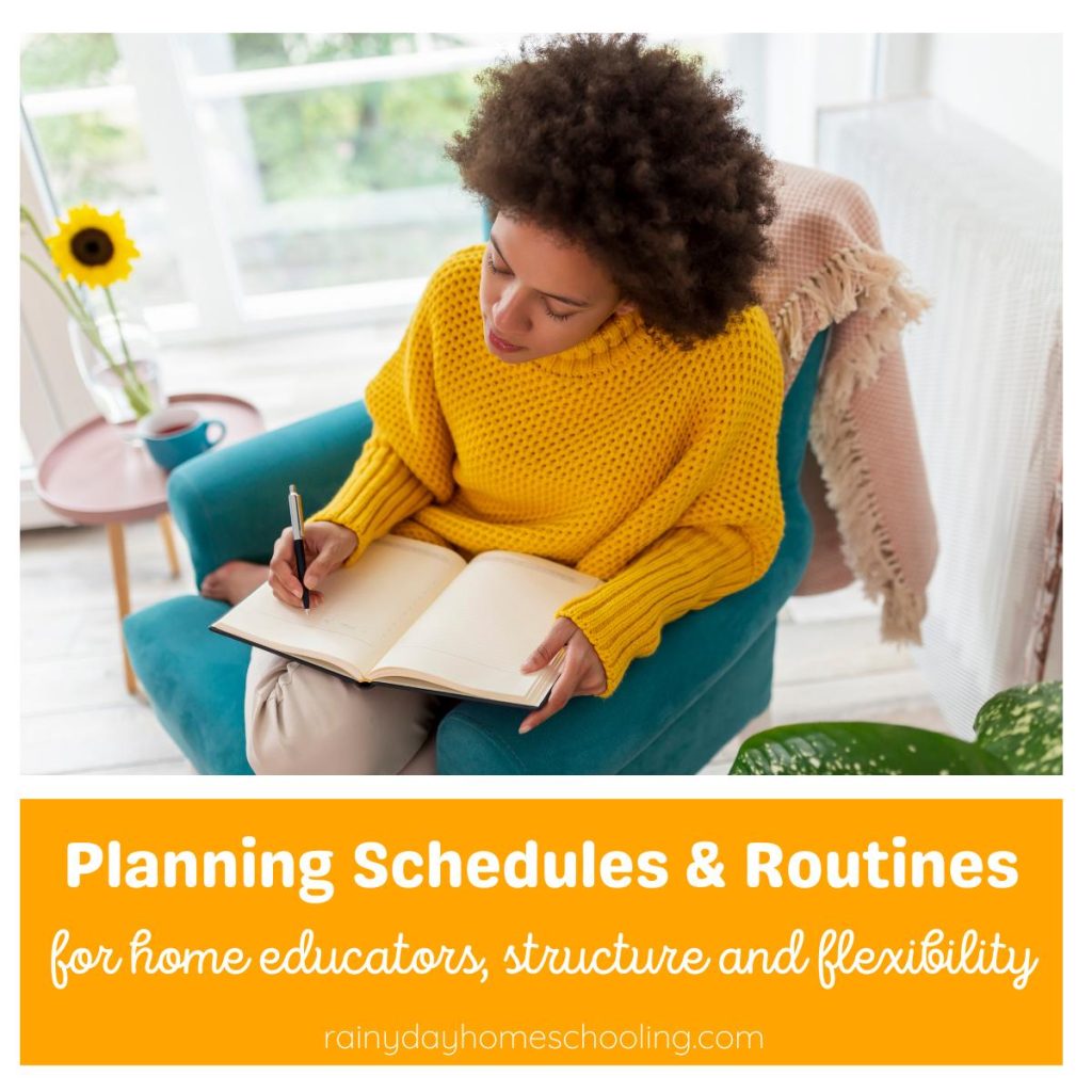 mom sitting planning in for the week ahead on a sofa. text reads Planning schefules and routines for home educators.
