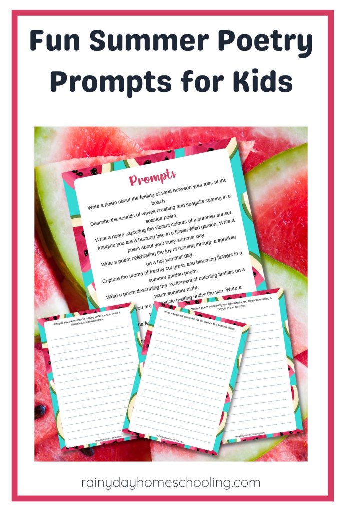 Pinterest image for a set of FREE Printable Fun Summer Poetry Prompts for Kids.