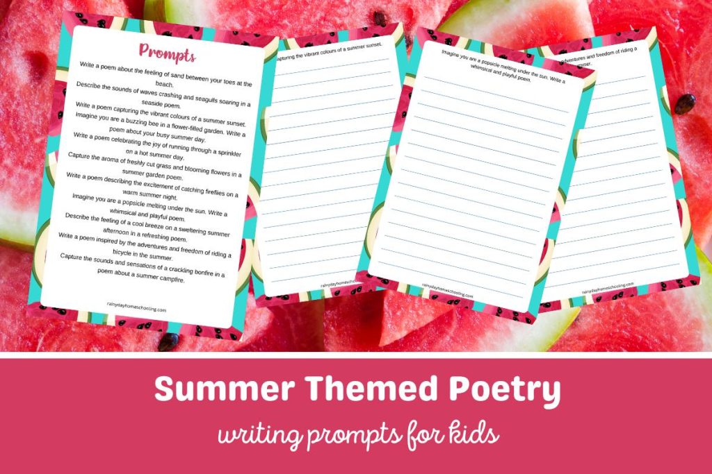 A picture of 4 sample pages from the FREE printable Summer Poetry Prompts for kids on a watermelon background. Text below the image reads Summer Themed Poetry Writing Prompts for Kids.