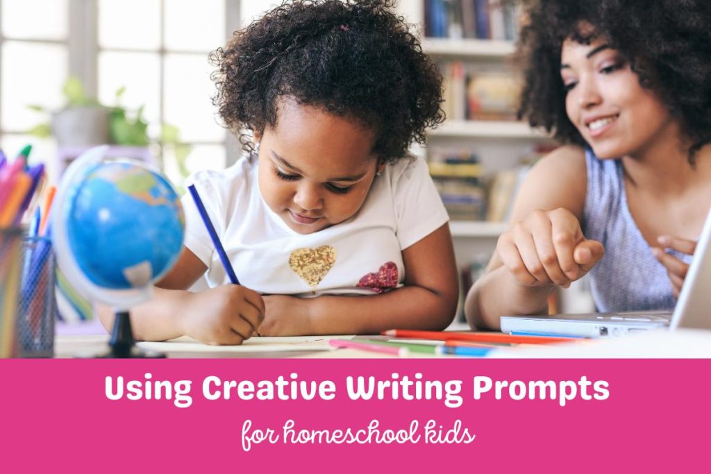 A mom and child sitting at a table writing with the help of creative writing prompts for kids.