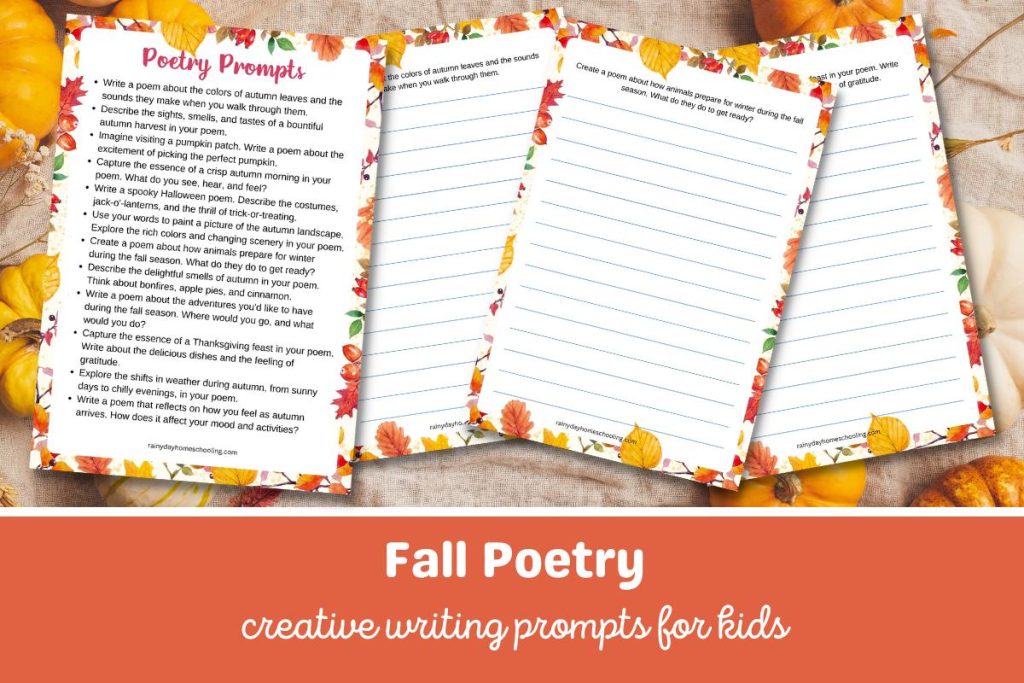 4 Pages from the fall poetry creative writing prompts for kids exclusive pack for subscribers or to be bought in the store.