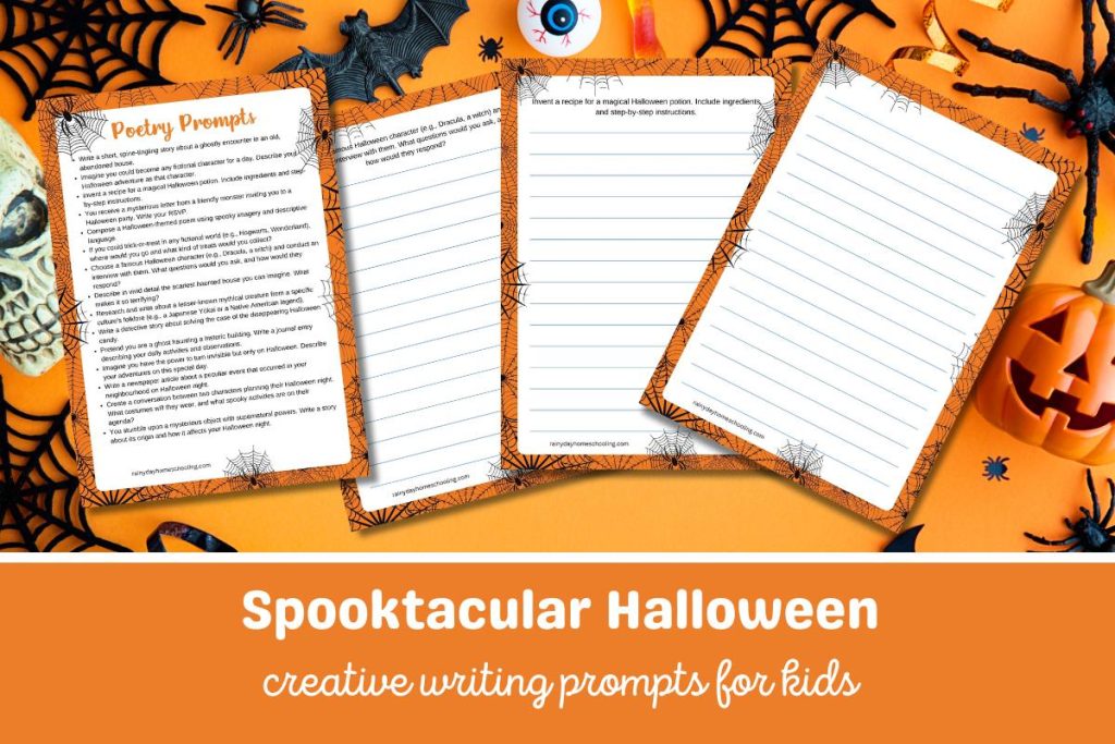 Sample pages from the FREE Printable Halloween Creative Writing Prompts for Kids pack from Rainy Day Homeschooling