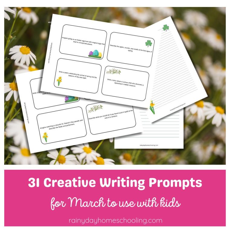 Sample pages of the March Creative Writing Prompts for Kids from Rainy Day Homeschooling. Text underneath reads 31 Creative Writing Prompts for March to use with Kids.