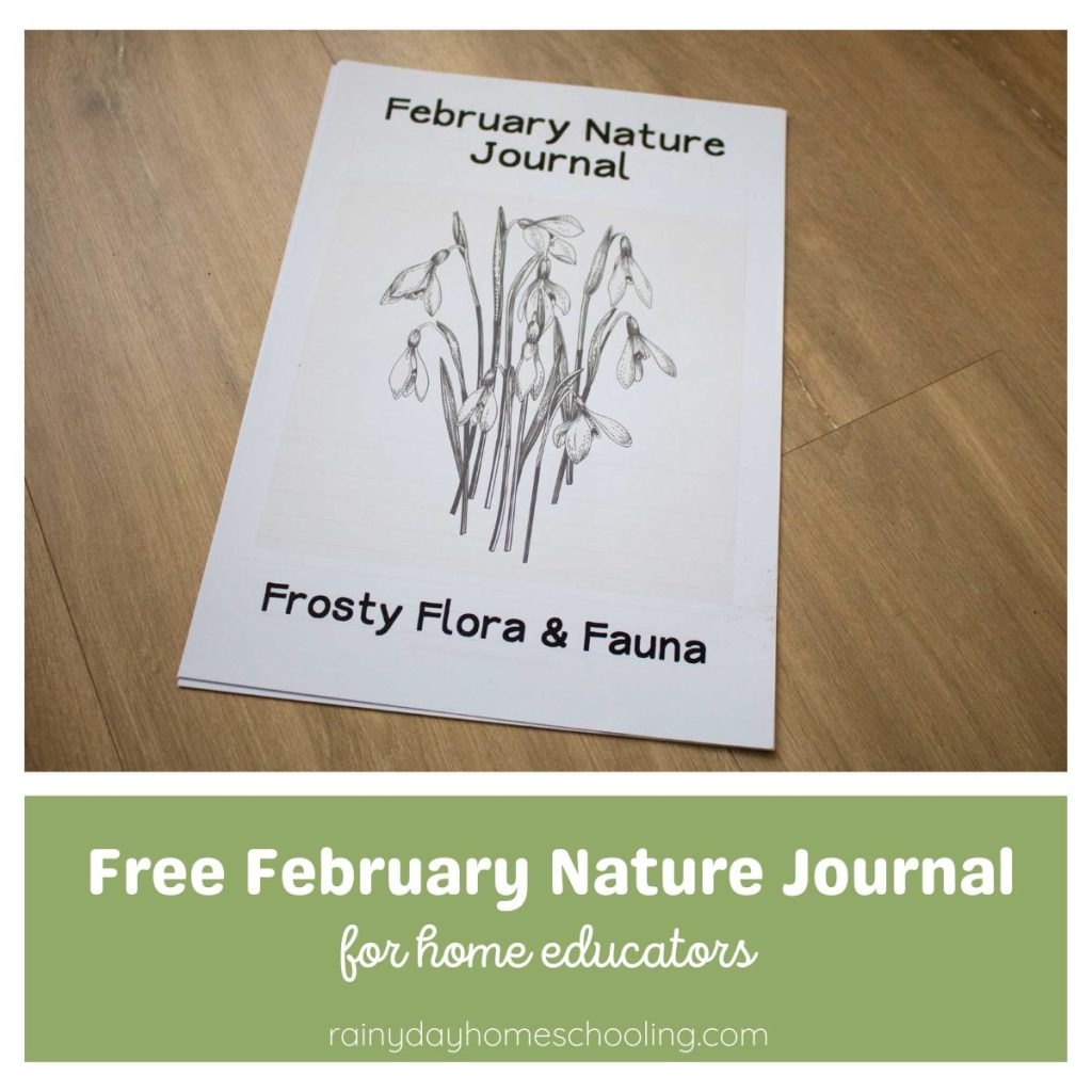 February Nature Journal for kids with a snowdrop on the front printed on a wooden table. Text below the image reads FREE February Nature Journal for home educators.