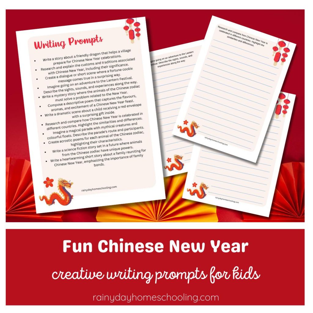 4 pages from the Free Printable Chinese New Year Creative Writing Prompts pack. Text below the image reads Fun Chinese New Year Creative Writing Prompts for Kids.