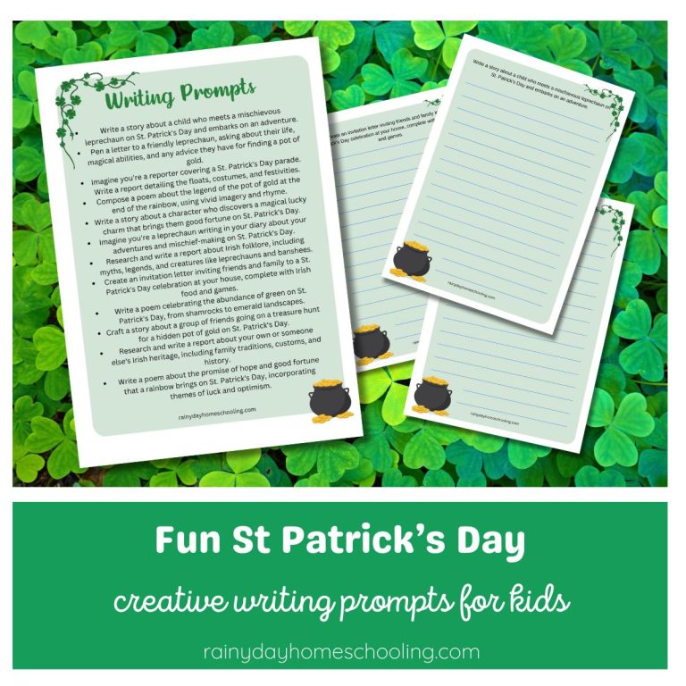 Sample pages from the Creative Writing Prompts for St Patrick's Day Free Printable from Rainy Day Homeschooling on a shamrock background. Text below reads Fun St Patrick's Day creative writing prompts for kids.