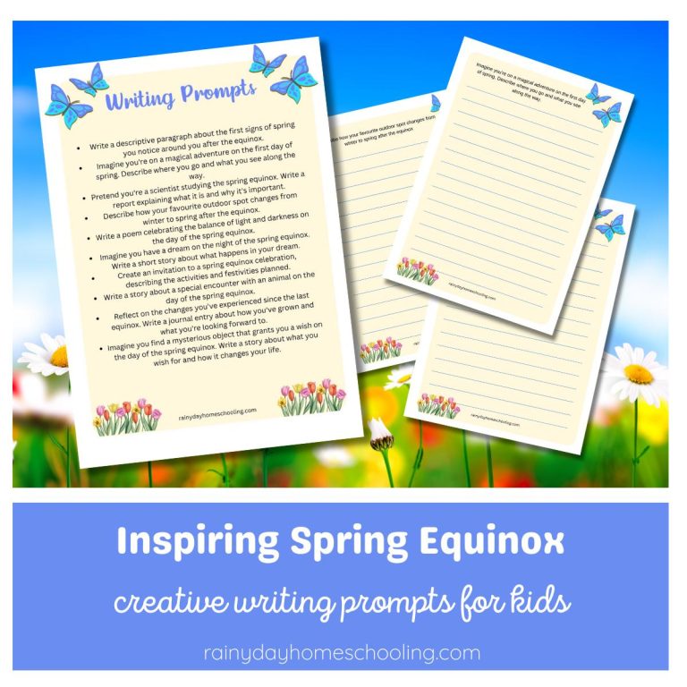 A sample of 4 pages from the free printable Creative Writing Prompts for the Spring Equinox for Kids from Rainy Day Homeschooling. Text below the image reads Inspiring Spring Equinox Creative Writing Prompts for Kids.