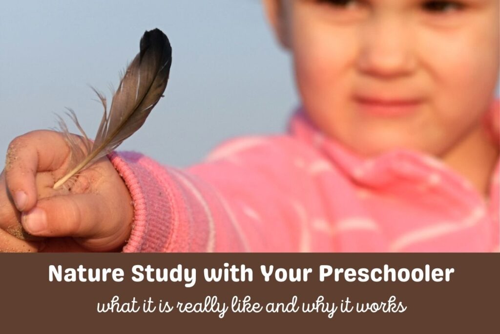 A young child holding a feather in their hand. Text below reads Nature Study with Your Preschooler, what it is really like and why it works.