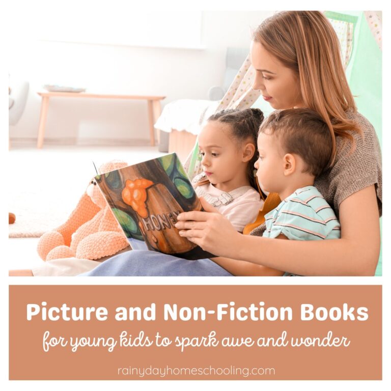 A mum with young kids reading aloud from a book title honey. Text below reads Picture and Non-FIction Books for young kids to spark awe and wonder.