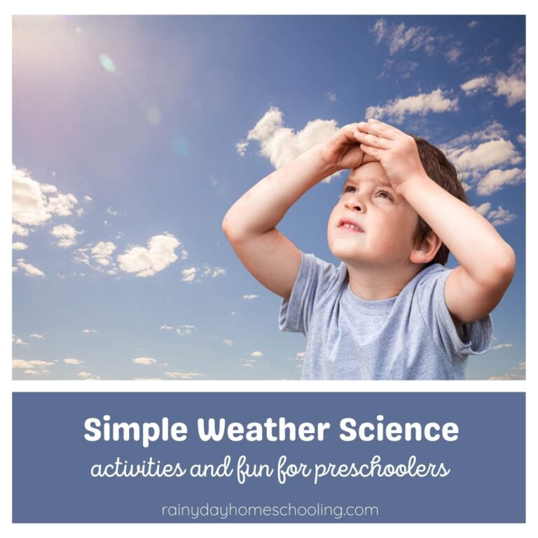 Boy looking up at the sky at the clouds. Text reads Simple Weather Science Activities and Fun for Preschoolers.