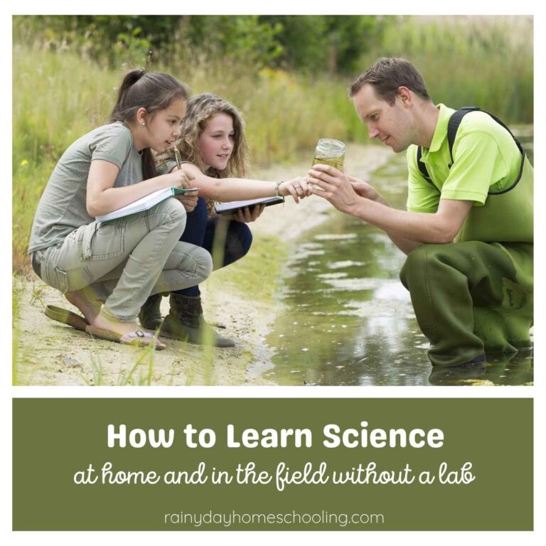 Home educated girls at a pond with dad looking at the water quality. Text reads How to Learn Science at Home and in the Field without a Lab.