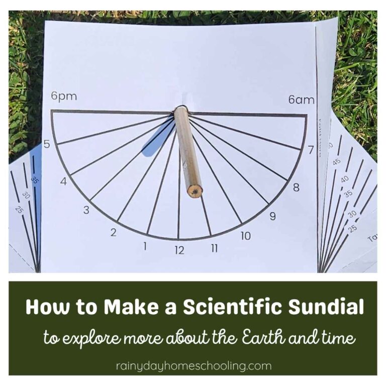 A printable sundial made showing 2pm on the grass. Text reads How to Make a Scientific Sundial.