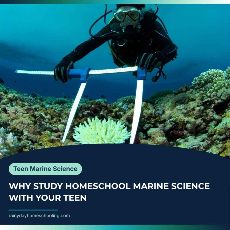 A marine scientists measuring the width of an sea animal. Text below reads Why Study Homeschool Marine Science with Your Teen.
