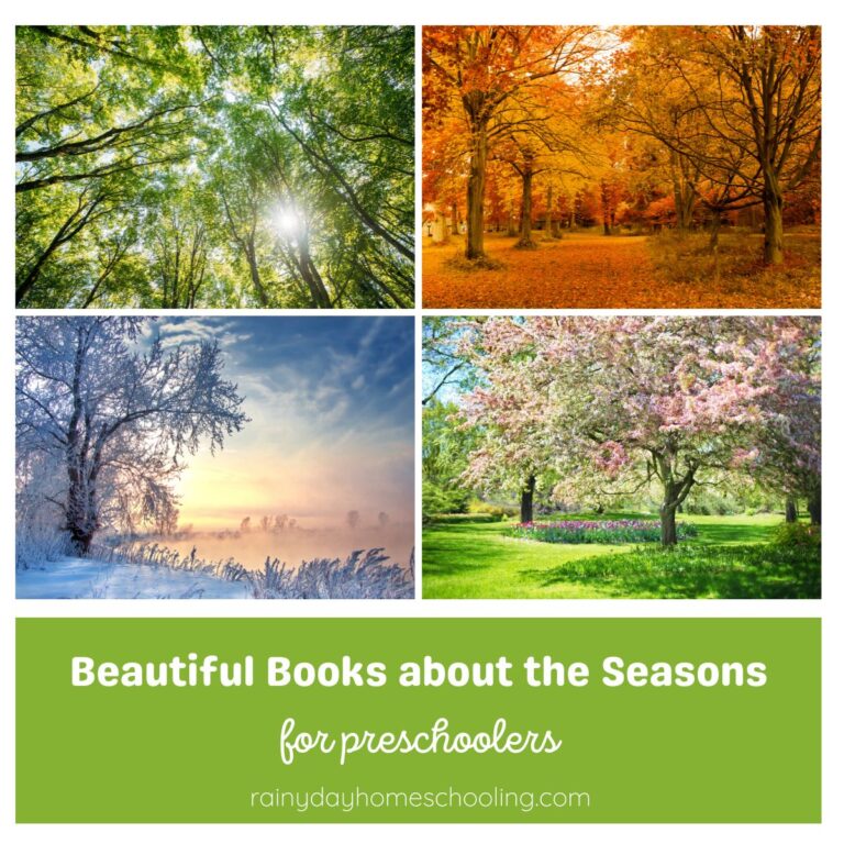 Collage of four seasonal scenes, green summer forest, orange autumn trees, snowy winter landscape, and spring blossoms, with text overlay reading ‘Beautiful Books about the Seasons for Preschoolers’ from rainydayhomeschooling.com.